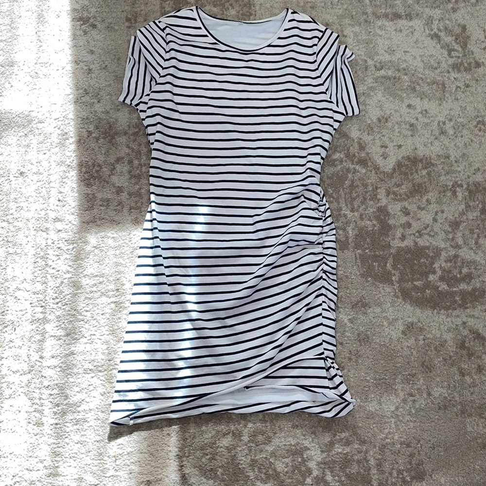 Striped dolphin hem criss cross hem lined dress